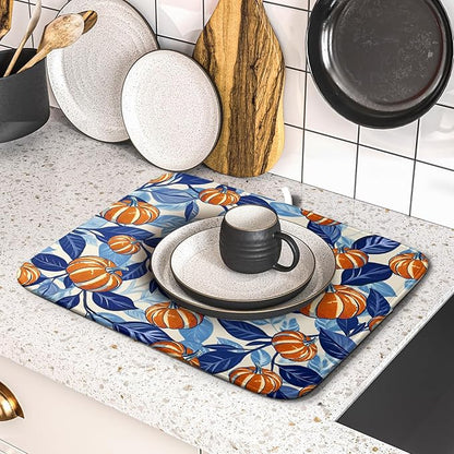 Blue Burnt Orange Fall Pumpkin Dish Drying Mat for Kitchen Counter 16x18 Autumn Theme Thanksgiving Day Absorbent Reversible Microfiber Drying Mats Kitchen Countertop Protector Dishes Drainer Pad