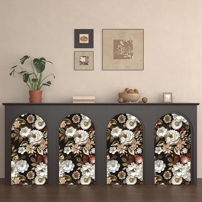 Vintage Wallpaper Peel and Stick Dark Floral Contact Paper 17.5in x 118in White Gold Flower Wallpaper Vinyl Waterproof Self Adhesive Boho Leaf Botanical Wall Paper for Bedroom Cabinet Table Decoration