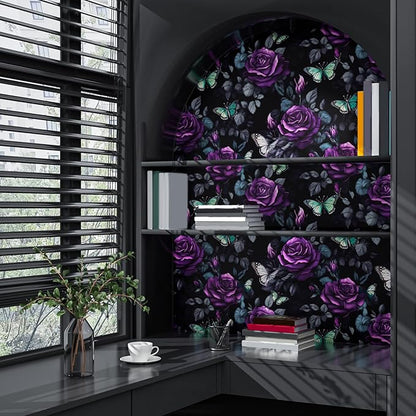 Black Foral Wallpaper Peel and Stick, Dark Purple Rose Contact Paper, Waterproof Self-Adhesive Flower Butterfly Wall Paper for Bedroom Countertop Desk Cabinets Decor 17.4" x 118" Renter Friendly