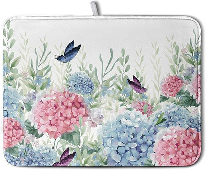 Spring Flowers Dish Drying Mat for Kitchen Counter Blue Pink Hydrangea Floral Drying Mats Absorbent Reversible Microfiber Dish Draining Mat Reusable Washable Dishes Pad Extra Large 18"x24"