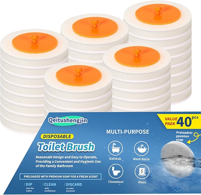 PeiTuShangJin Disposable Toilet Brush, Auto-Ejecting, Includes 24 Enhanced Refills (16 Ocean, 8 Natural), Plus 3 Air-Purifying Scent Rings (Ocean, Rose, Lemon) 360° Dead-Angle-Free Cleaning (40white)