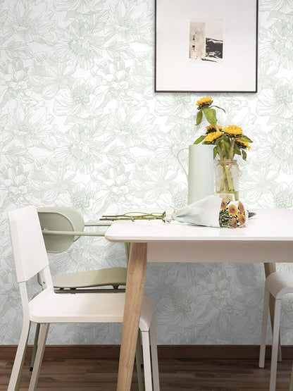 Ismoon Large Floral Peel and Stick Wallpaper Boho White and Green Contact Paper 17.3inx6.5ft Modern Wall Paper Removable Self Adhesive Vinyl Wallpaper for Bedroom Cabinet Bathroom Mural Wall Decor