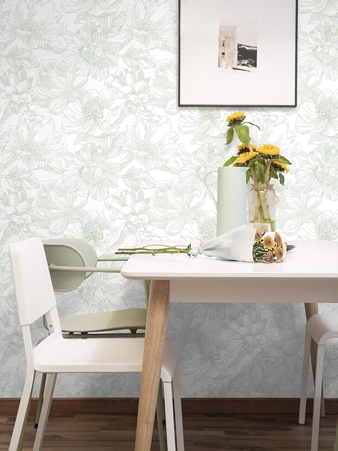 Ismoon Large Floral Peel and Stick Wallpaper Boho White and Green Contact Paper 17.3inx32.7ft Modern Wall Paper Removable Self Adhesive Vinyl Wallpaper for Bedroom Cabinet Bathroom Mural Wall Decor