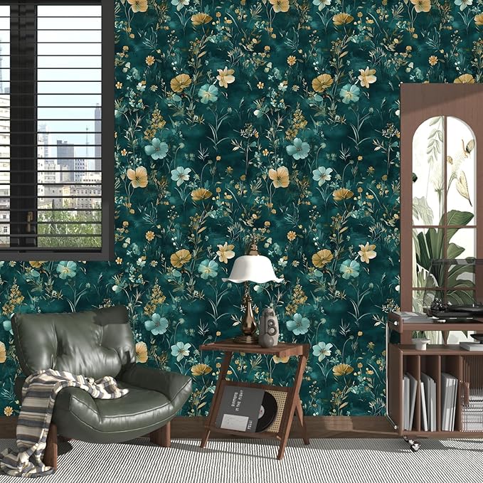 Vintage Floral Peel and Stick Wallpaper Boho Wallpaper 17.5''x393'' Teal/Blue/Yellow Wildflowers Vinyl Contact Paper Waterproof Self Adhesive Modern Stick on Wall Paper for Bedroom Wall Table Cabinet