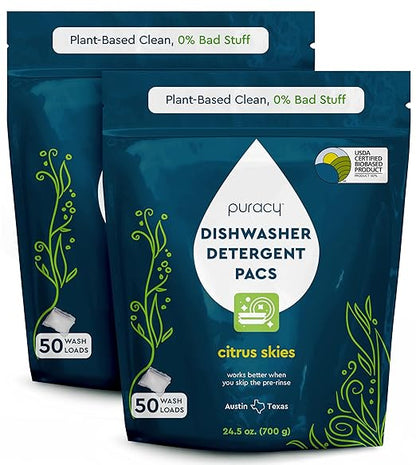 Puracy Dishwasher Pods, Natural Dishwasher Detergent, Citrus Skies Dish tabs - Enzyme-Powered, Spot & Residue Free - TikTok Trend Items, Must Haves from TikTok (Citrus Skies, 50 Count - 2 Pack)