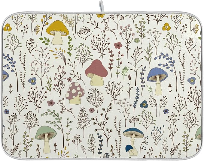 Cute Mushroom Wild Plant Dish Drying Mat for Kitchen Counter Absorbent Microfiber Drying Pad, Large 18x24 in, Reversible Drainer Mats