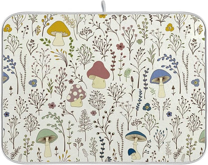 Cute Mushroom Wild Plant Dish Drying Mat for Kitchen Counter Absorbent Microfiber Drying Pad, Medium 16x18 in, Reversible Drainer Mats