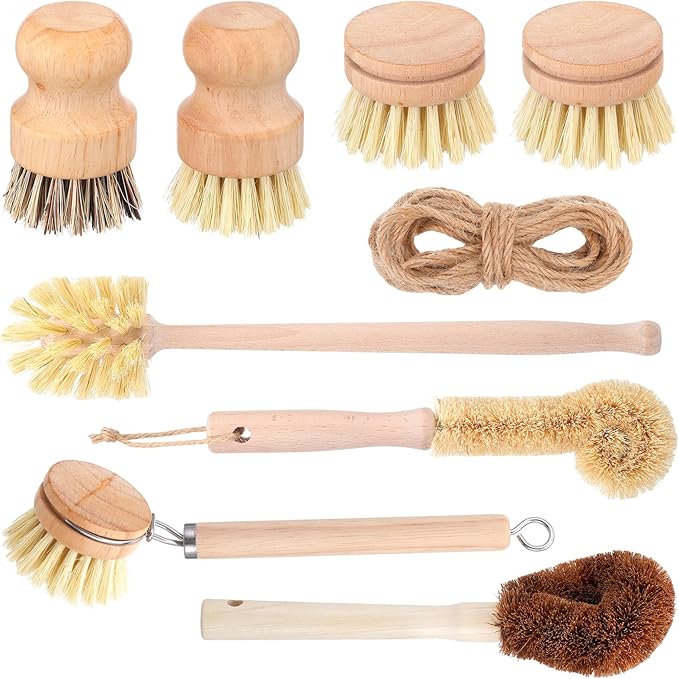 8 Pcs Bamboo Dish Brush Dish Washing Scrub Bottle Brushes Wooden Palm Pot Brush Cleaning Scrubbers with Natural Sisal Bristles Long Handle for Pots Pans, Vegetables, Household Cleaning