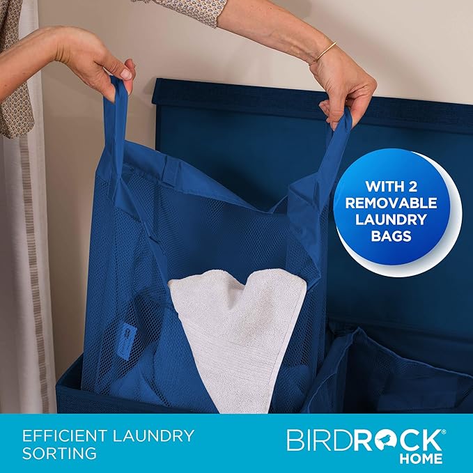 BIRDROCK HOME Laundry Hamper with Lid | Removable Bags for Sorting Clothes | Sectioned Laundry Basket for Bedroom & Bathroom | Collapsible Storage Bin with Cover | Double, Navy