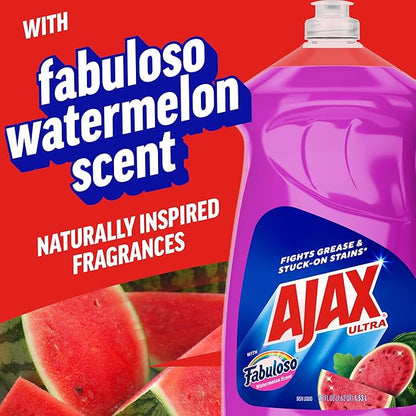 Ajax Ultra Liquid Dish Soap with Fabuloso Watermelon Scent, Fights Grease and Stuck-On Stains, Deep Cleaning Action, Mess-Free, Easy-Flip Cap, 52 fl oz Bottle