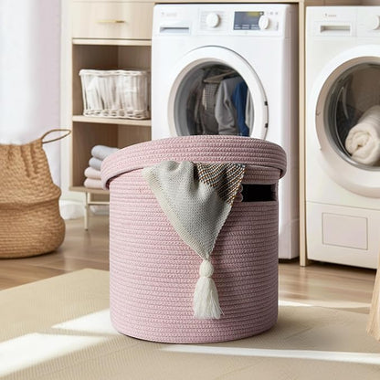 Storage Basket with Lid, Woven Blanket Storage for Living Room, Soft Cotton Rope Bin with Lid, Round Wicker Laundry Basket with Cover, Lidded Kid Dog Toy Box, Nursery Organizer, 15"x13", Pink