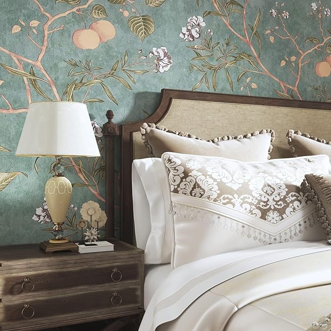 Laatse Green Floral Wallpaper Peel and Stick Bird Wallpaper 17.5" x 78.7" Vintage Floral Contact Paper Waterproof Vinyl Self Adhesive Modern Wall Paper Wall Covering for Bedroom Walls Cabinet Locker