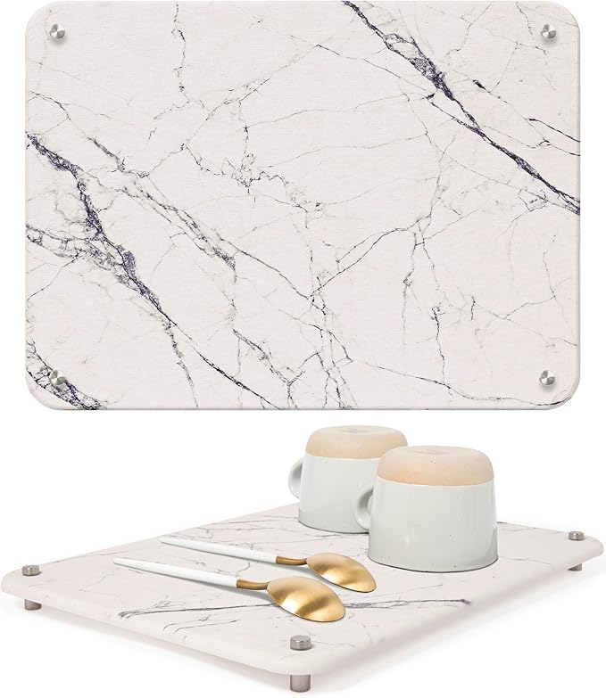 Spaceneat Diatomite Stone Drying Mat for Kitchen Counter - Rapid Moisture Removal - 15.7" x 11.8" Large Dish Drying Stone for Kitchen Sink - Diatomaceous Earth Quick Dry Dish Mat - White Marble