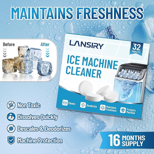 Ice Machine Cleaner Tablets and Descaler, 32 Count Ice Maker Cleaner Tablets for Countertop Portable Ice Makers, Nickel-Safe Removes Scale, Odor & Mineral Buildup for Fresh-Tasting Ice