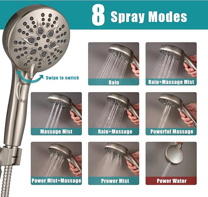 Handheld Shower Head with on off Switch&Built-in Power Spray,7-Setting High Pressure Shower Wand with 79in Long Hose&Bracket and Extra Adhesive Shower Holder for Lower Mount,Brushed Nickel