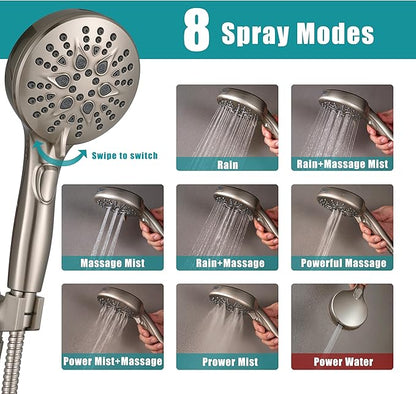 Handheld Shower Head with on off Switch&Built-in Power Spray,7-Setting High Pressure Shower Wand with 79in Long Hose&Bracket and Extra Adhesive Shower Holder for Lower Mount,Brushed Nickel