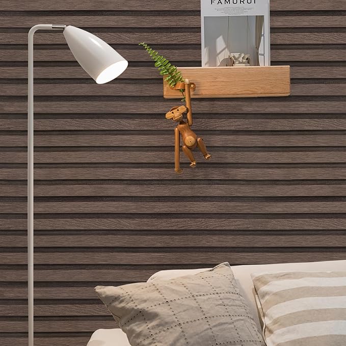 Yun-aeon Natural Wood Peel and Stick Wallpaper Wood Slats - 17.3"x 160" Dark Brown Self-Adhesive Waterproof Vinyl Removable Wall Paper for Wall Decor Bedroom