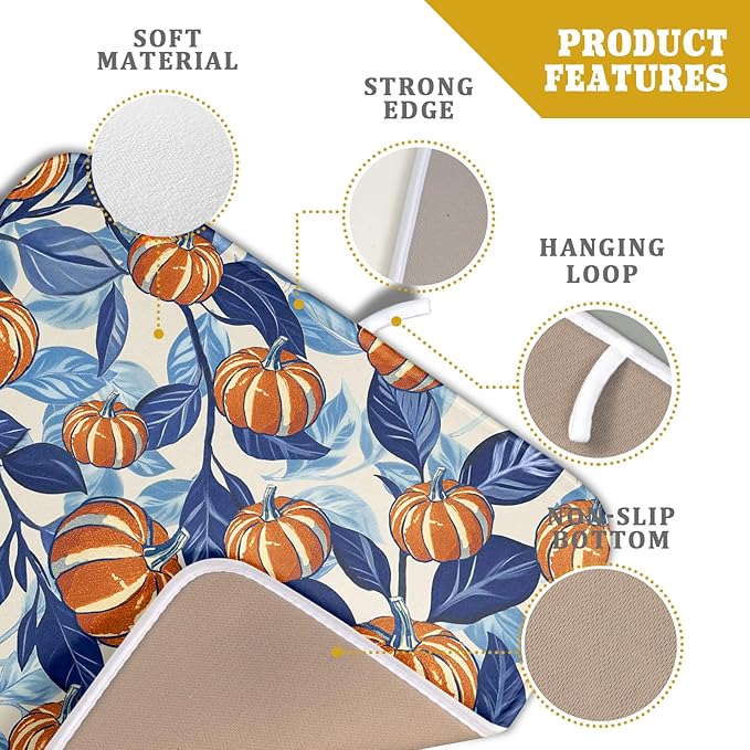 Blue Burnt Orange Fall Pumpkin Dish Drying Mat for Kitchen Counter 16x18 Autumn Theme Thanksgiving Day Absorbent Reversible Microfiber Drying Mats Kitchen Countertop Protector Dishes Drainer Pad