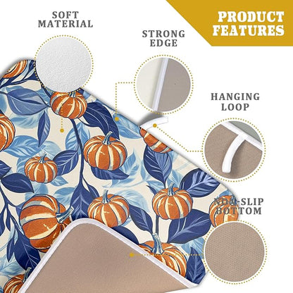 Blue Burnt Orange Fall Pumpkin Dish Drying Mat for Kitchen Counter 16x18 Autumn Theme Thanksgiving Day Absorbent Reversible Microfiber Drying Mats Kitchen Countertop Protector Dishes Drainer Pad