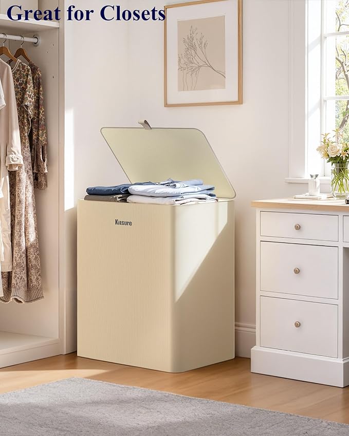 Kitsure Laundry Basket 115L – Large Laundry Hamper with Lid, 2-Compartment Divided Clothes Sorter with Removable Hamper Bags, Beige Organizer for Laundry Room, Bathroom & Bedroom, 22.2" x 16" x 30.7"
