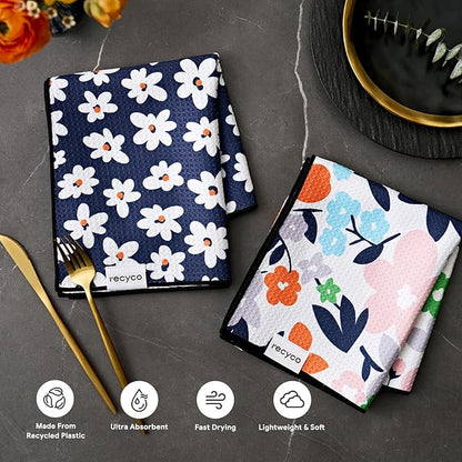 RECYCO Waffle Kitchen Towel Set of 2 - Quick Dry Microfiber Sustainable Dish Towels - Ultra Absorbent Reusable Cleaning Tea Towels - Lightweight Hand Towels,16”x 28”, Whimsy Petals