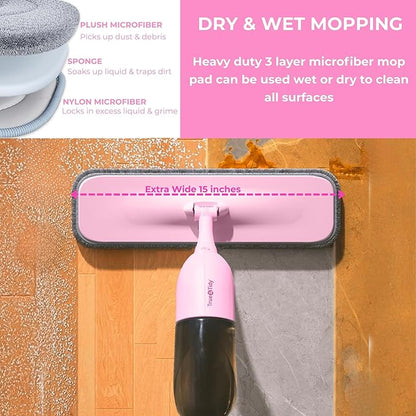 True & Tidy® Clean Everywhere Spray Mop Kit with 3 Interchangeable Heads & Refillable Tank - Flat, Round, Squeegee (Pink)