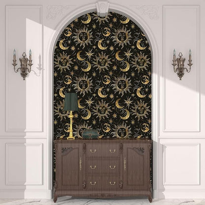 Laatse Black Peel and Stick Removable Vintage Wallpaper Gold Celestial Sun Moon Star Contact Paper 17.5" x 393" Dark Boho Mural Waterproof for Wall Bedroom Kitchen Bathroom Cabinet Room Decor