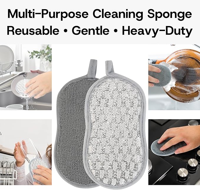 Multi-Purpose Scrub Kitchen Sponges – 12 Pack Dish Sponge, Dual-Sided Non-Scratch Microfiber & Metal Scrubber, Reusable Sponges for Dishes, Pots, Glass, Sink, Stovetop & Bathroom (Gray)