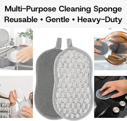 Multi-Purpose Scrub Kitchen Sponges – 12 Pack Dish Sponge, Dual-Sided Non-Scratch Microfiber & Metal Scrubber, Reusable Sponges for Dishes, Pots, Glass, Sink, Stovetop & Bathroom (Gray)