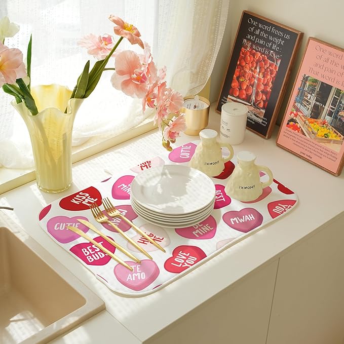 Valentine's Dish Drying Mat 18x24 Inches For Kitchen Counter Absorbent Love Heart Pink Kitchen Decoration Mother's Day Anniversary Wedding Drying Mat Pad For Home Kitchen,Office,Dining Room