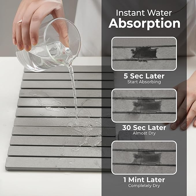 Large Stone Dish Drying Mat for Kitchen Counter, Quick Dry Stone Dishes Mats, Foldable Water Absorbing Diatomaceous Earth Drying Organizer Pad for Rack Bottles Plates(Light Gray 24"×16" & 8"x5")