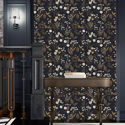 Laatse Dark Floral Wallpaper Peel and Stick 17.5in x 78.7in Navy Gold Leaf Wallpaper Vinyl Waterproof Self-Adhesive Dark Blue Botanical Wall Paper Mural for Bookcase Bedroom Cabinet Decor