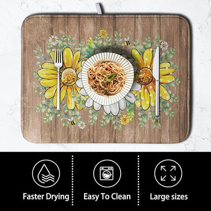 Rustic Daisy Floral Dish Drying Mat for Kitchen Counter Spring Summer Sunflower Dish Drying Mat Bee Absorbent Microfiber Dish Mat Reversible Dish Drainer Rack Mat 16x18 Inch