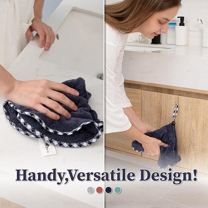 myHomeBody Hand Towels with Hanging Loops, Absorbent Charcoal Fiber Cleaning Clothes with Coconut Shell Button for Kitchen, Round Shape, Set of 2, Midnight Blue
