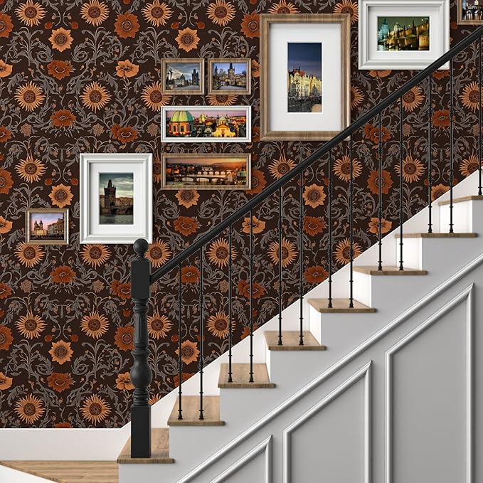 Vintage Floral Peelable Wallpaper, Dark Brown Flower Moody Theme Self Adhesive Removable Wallpapers for Bedroom Cabinet Drawer, Boho Vinyl Witchy Contact Paper Wall Art Decor 17.5In x 118In