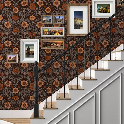 Vintage Floral Peelable Wallpaper, Dark Brown Flower Moody Theme Self Adhesive Removable Wallpapers for Bedroom Cabinet Drawer, Boho Vinyl Witchy Contact Paper Wall Art Decor 17.5In x 118In