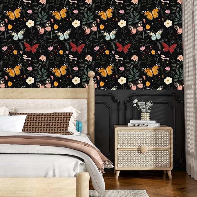 Dark Butterfly Wallpaper Peel and Stick, Vintage Black Butterfly Floral Self Adhesive Removable Wall Paper for Nursery Bedroom Cabinet, Vinyl Boho Colorful Contact Paper Decor 17.5In x 118In
