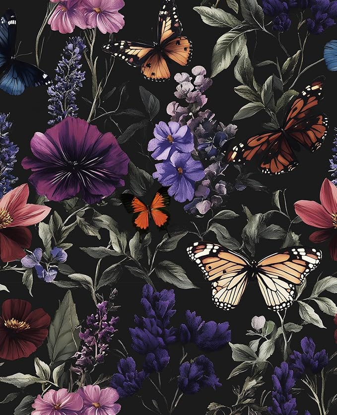 Vintage Floarl Butterfly Wallpaper Peelable, Dark Black Flower Design Self Adhesive Removable Wall Paper for Bedroom Cabinet Kitchen, Vinyl Gothic Contact Paper 17.5In x 118In Dark Colorful