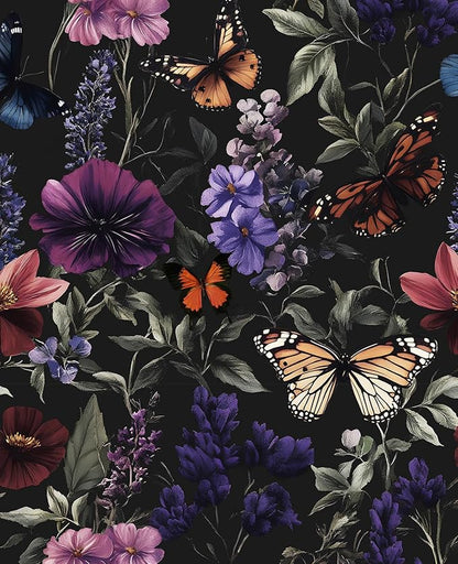 Vintage Floarl Butterfly Wallpaper Peelable, Dark Black Flower Design Self Adhesive Removable Wall Paper for Bedroom Cabinet Kitchen, Vinyl Gothic Contact Paper 17.5In x 118In Dark Colorful
