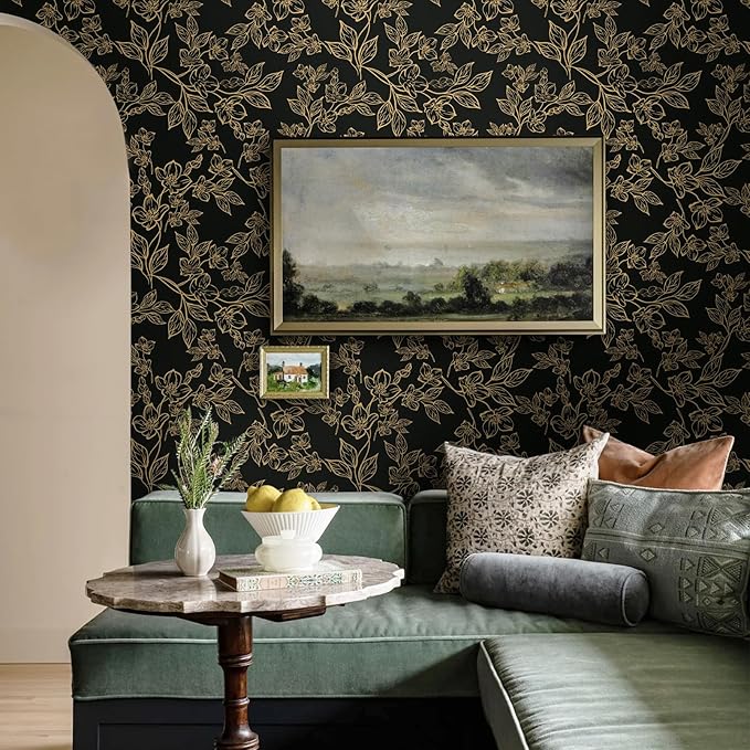 Ismoon Peel and Stick Wallpaper Black and Gold Stick on Wallpaper Dark Floral 17.3x78.7in Black Modern Wall Paper Removable Self Adhesive Contact Paper for Bedroom Cabinets Shelf Liner Vinyl