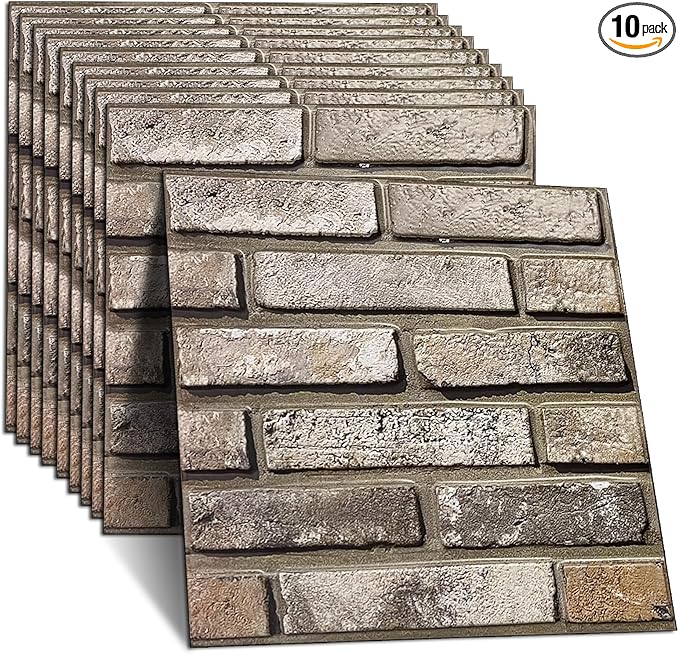 3D Wall Panels,Waterproof Self-Adhesive Artificial PVC Brick Wall Panels for Cladding Kitchen, Living Room, Bedroom, Office Deep Red Brick 10pcs 30 x 30cm. (Brick Grey)