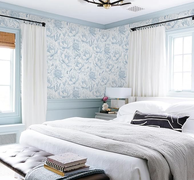 Guvana Peel and Stick Wallpaper Blue Floral Contact Paper Boho Wallpaper Modern Large Blue Flower Wall Paper for Bathroom Bedroom Living Room Accent Wall Removable Waterproof Vinyl Rolls 17.3in×197in