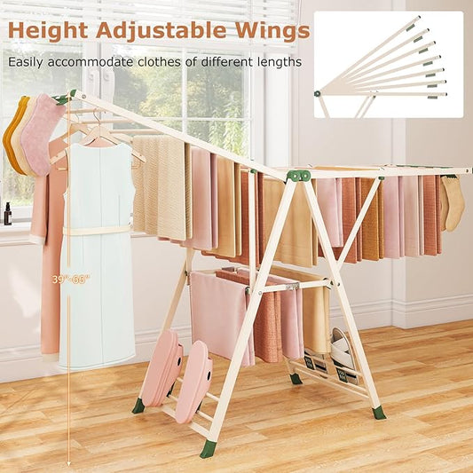 Giantex Clothes Drying Rack, Foldable Metal Laundry Drying Rack with Height Adjustable Wings, 16 Drying Rails, Sock Clips & Shoe Racks, Freestanding Clothing Stand for Indoor & Outdoor, Beige