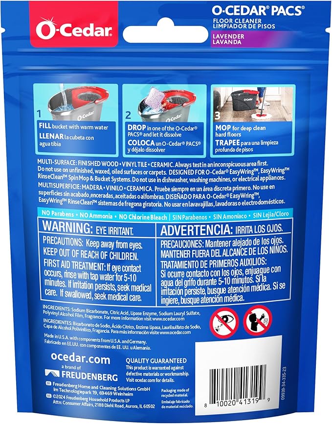 O-Cedar PACS Hard Floor Cleaner, Lavender Scent 24 Count (1-Pack) | Made with Naturally-Derived Ingredients | Safe to Use on All Hard Floors | Perfect for Mop Buckets