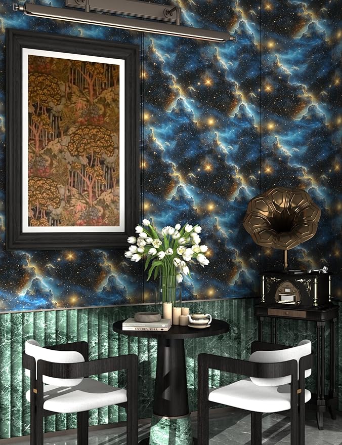 Fvlow Starry Night Sky Wallpaper Peel and Stick 17.4" x 118" Dark Blue Galaxy Contact Paper Modern Space Wallpaper for Bedroom Cabinet Bathroom Home Decor