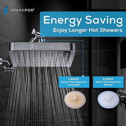 SparkPod Shower Head - High Pressure Rain - Premium Quality Luxury Design - Easy Clean Adjustable Replacement for Your Bathroom Shower Heads (Charcoal Grey, 6 Inch Square)