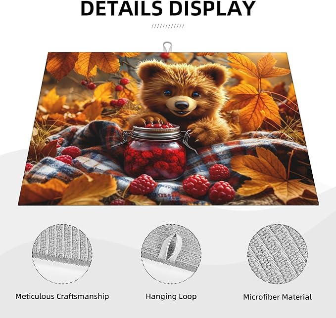 Bear Dish Drying Mats for Kitchen Counter, Absorbent Reversible Microfiber Dish Drying Pad, Multi-Use Large Drying Mat Coffee Bar Accessories 18"x24"
