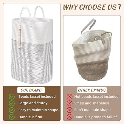 Woven Laundry Basket for Clothes, 100 L Large Rectangle Laundry Hampers with Beads Tassel, Nursery Storage Basket for Toys, Tall Dirty Clothes Hamper for Bedroom Aesthetic, Laundry Room Organization