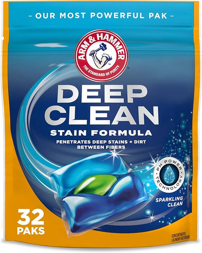 ARM & HAMMER Deep Clean Stain Formula Laundry Detergent Power Paks, Sparkling Clean Scent, 32 Count, 32 Loads