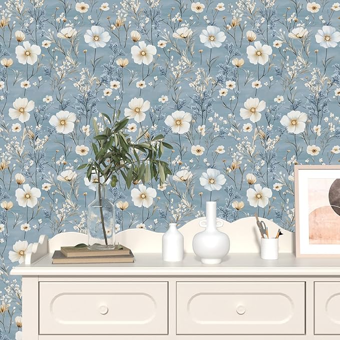 Laatse Blue Floral Peel and Stick Wallpaper White Botanical Contact Paper Vintage Leaf Wall Mural for Bedroom Bathroom Vinyl Waterproof Self Adhesive Removable Renter Dorm Wall Paper 17.5" x 118"